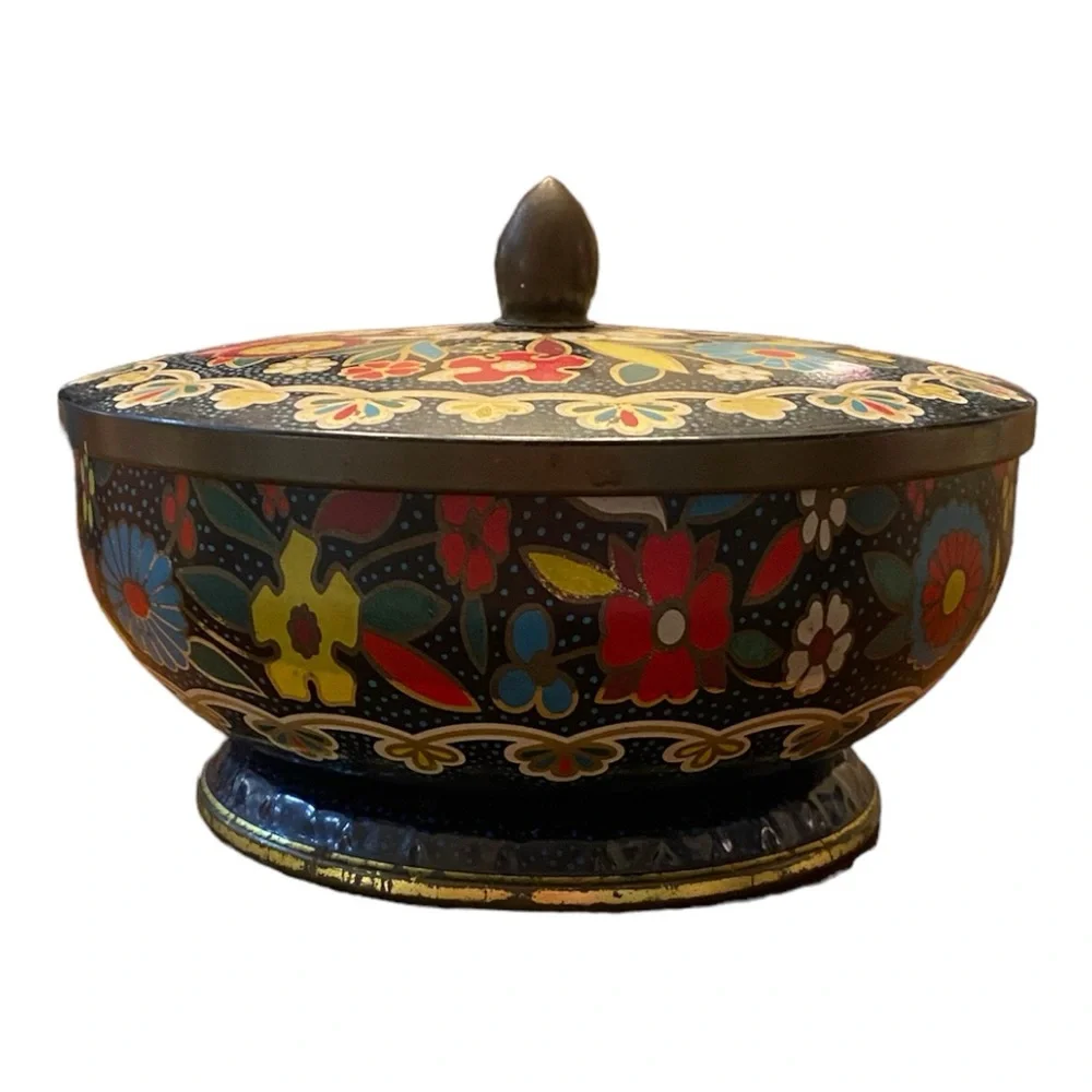 Vintage Daher Tin Bowl With Lid England Floral Black 1970s Collectible